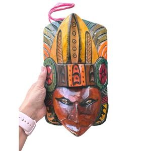Hand Carved‎ Hand Painted Wood Mayan Aztec Warrior Mask